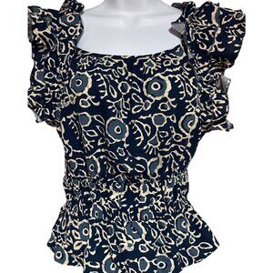 Luna Moon Womens Top Size S Ruffle Sleeve Smocked Waist Peplum Hem Blue Batik